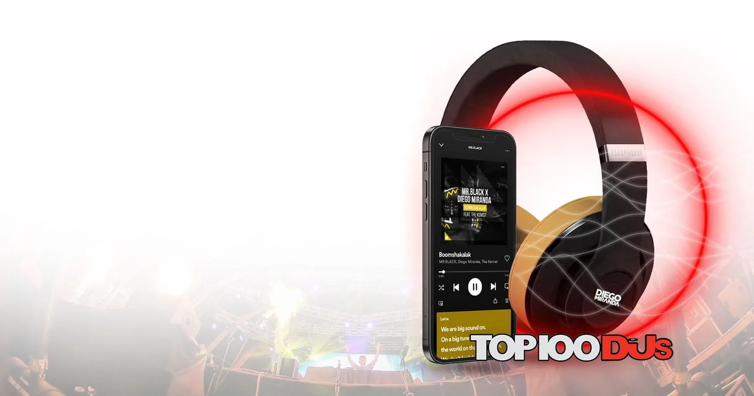 Fones de ouvido e celular com o ranking TOP 100 DJs