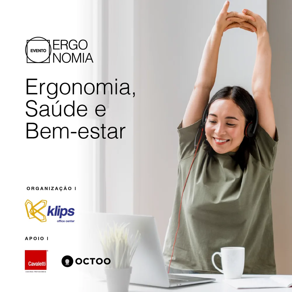 Arte do evento: Ergonomia, Saúde e Bem-estar, com pessoa se alongando na mesa de trabalho