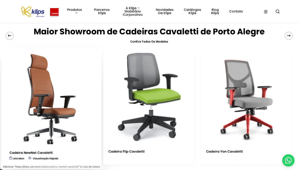 Catálogo de cadeiras Cavaletti no site klips.com.br: NewNet, Flip, Yon e mais