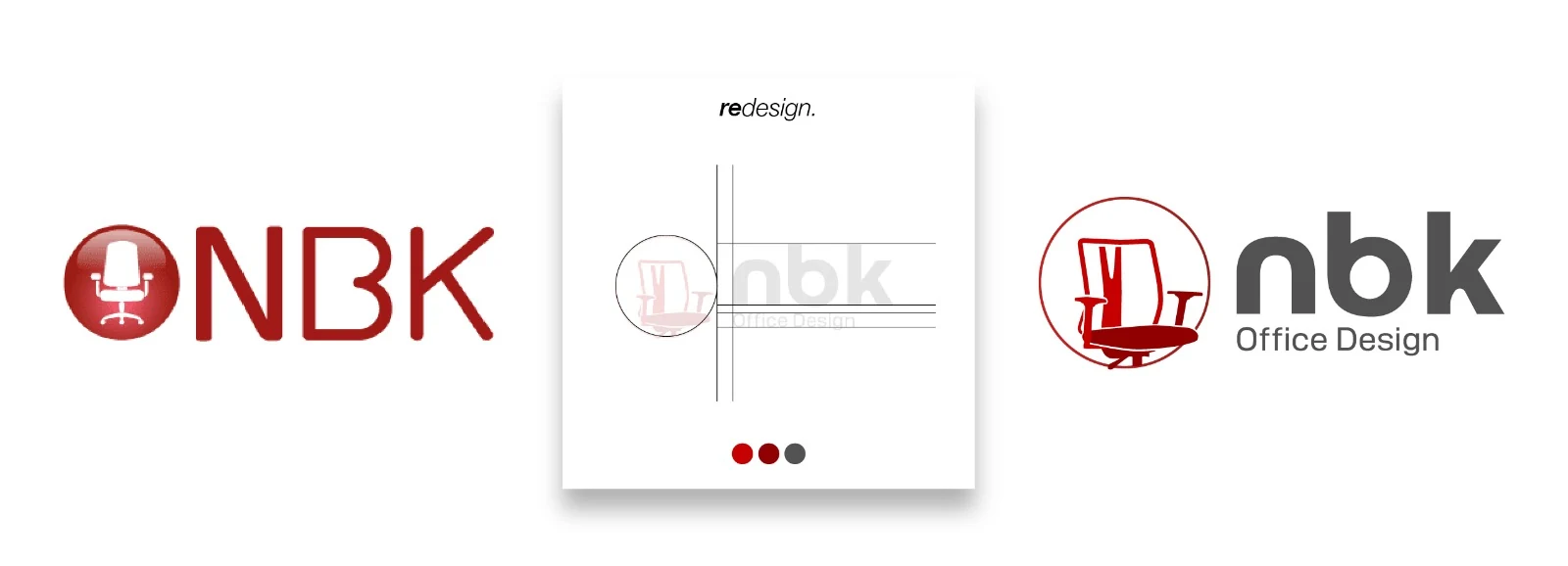 Evolução da marca NBK: logotipo antigo, redesign e nova marca NBK Office Design