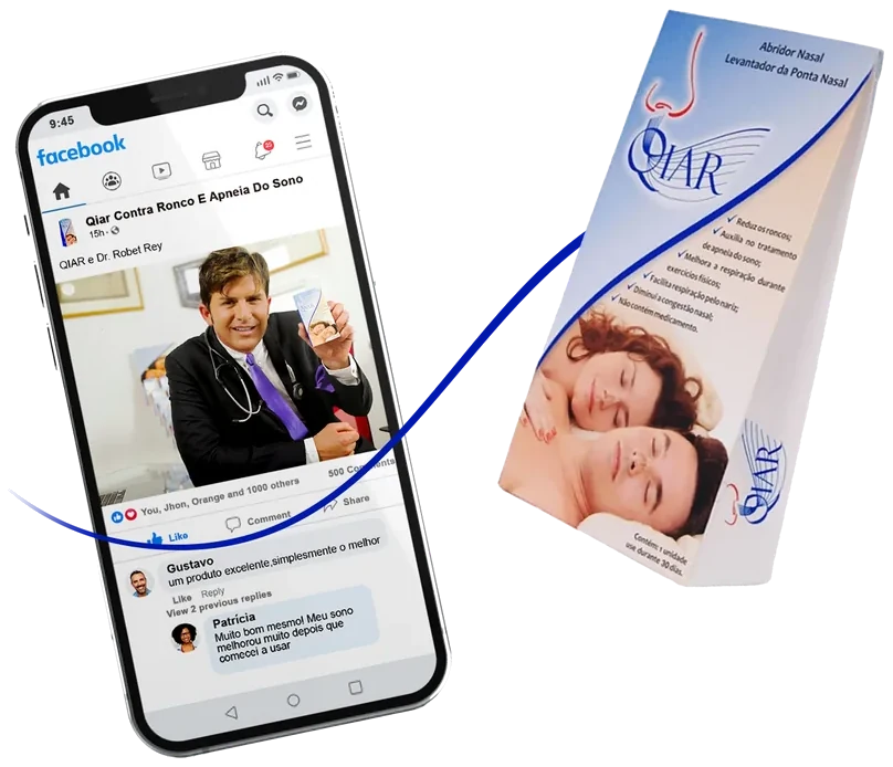 Celular com anúncio do Qiar e a embalagem do produto