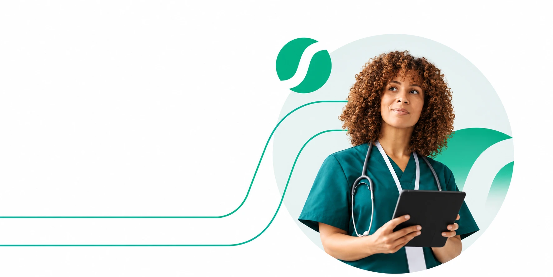 Médica do Simers com tablet, ao lado das linhas verdes da identidade