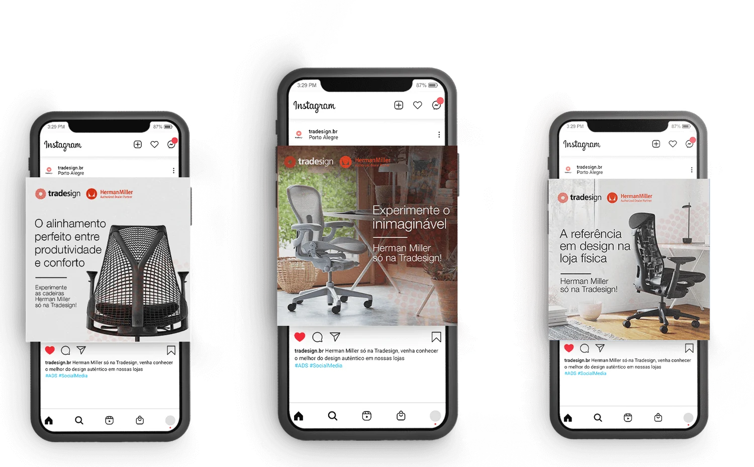 Três celulares com anúncios da Tradesign e Herman Miller no Instagram