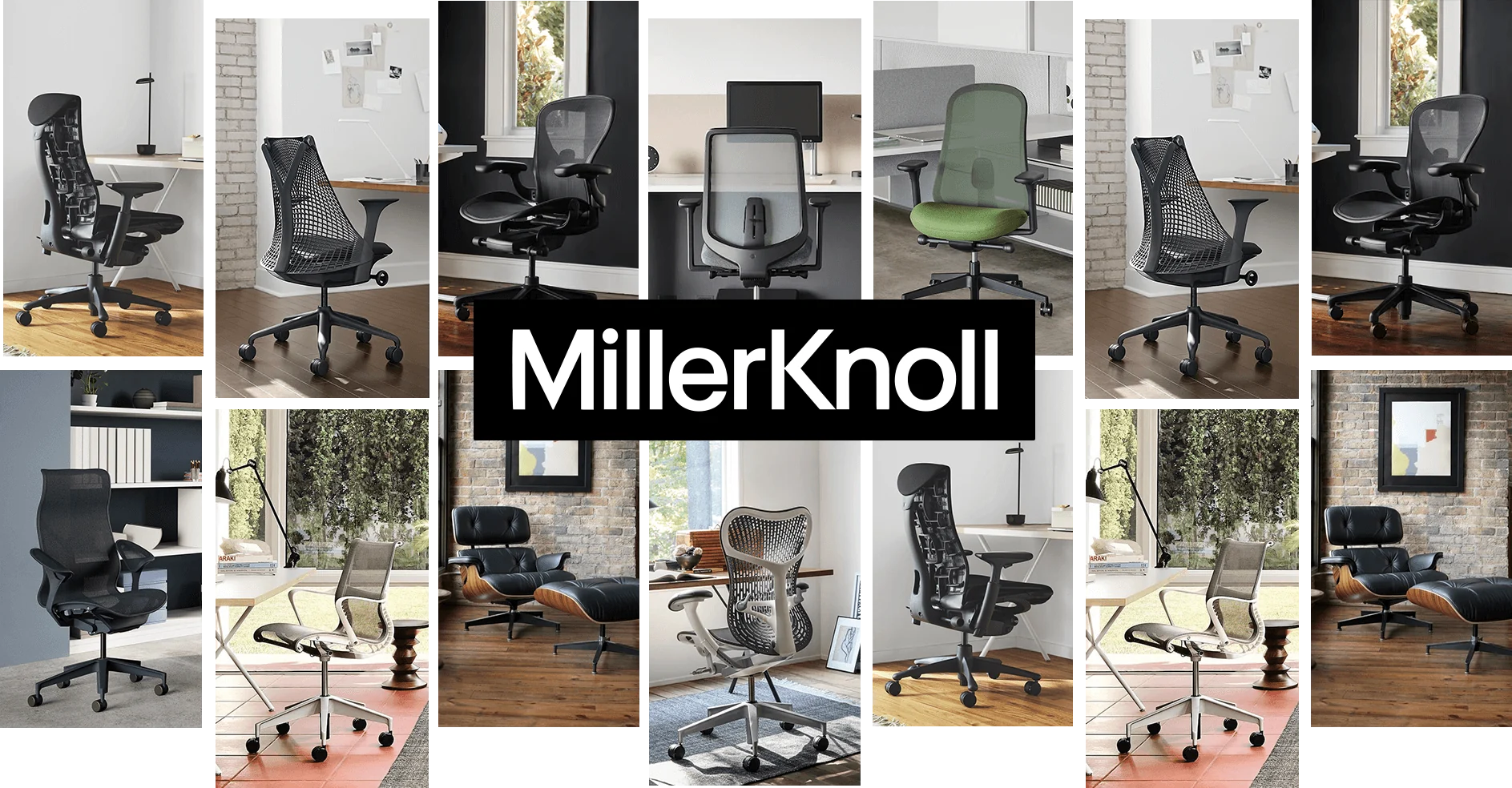 Mosaico de cadeiras ergonômicas MillerKnoll em ambientes de escritório