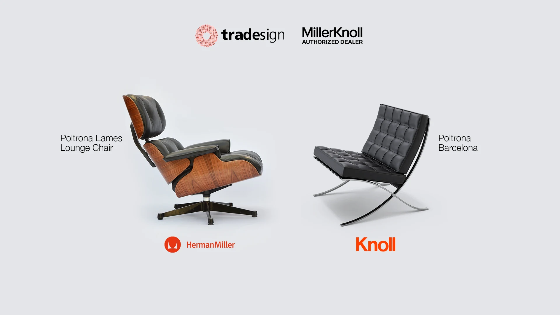 Poltrona Eames Lounge Chair, da Herman Miller, e Cadeira Barcelona, da Knoll, com a marca Tradesign, revendedora autorizada MillerKnoll