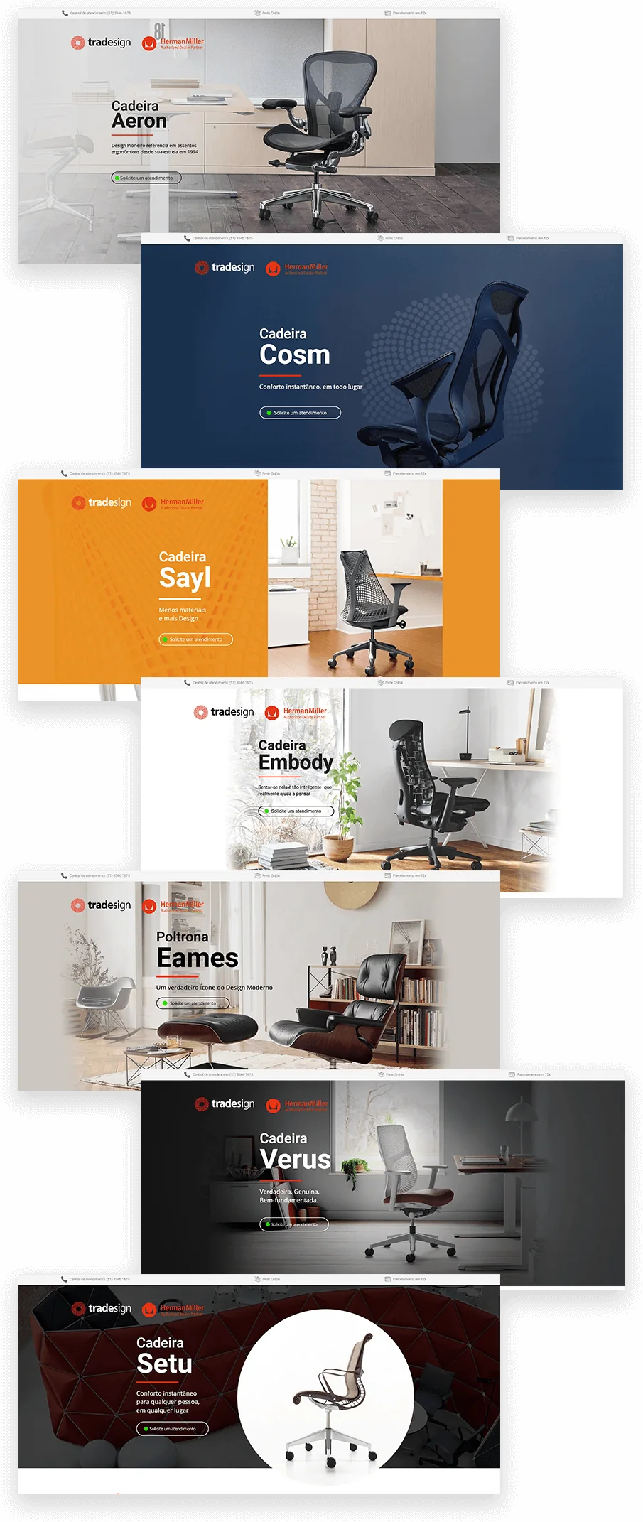 Páginas de produto das cadeiras Aeron, Cosm, Sayl, Embody, Eames, Verus e Setu