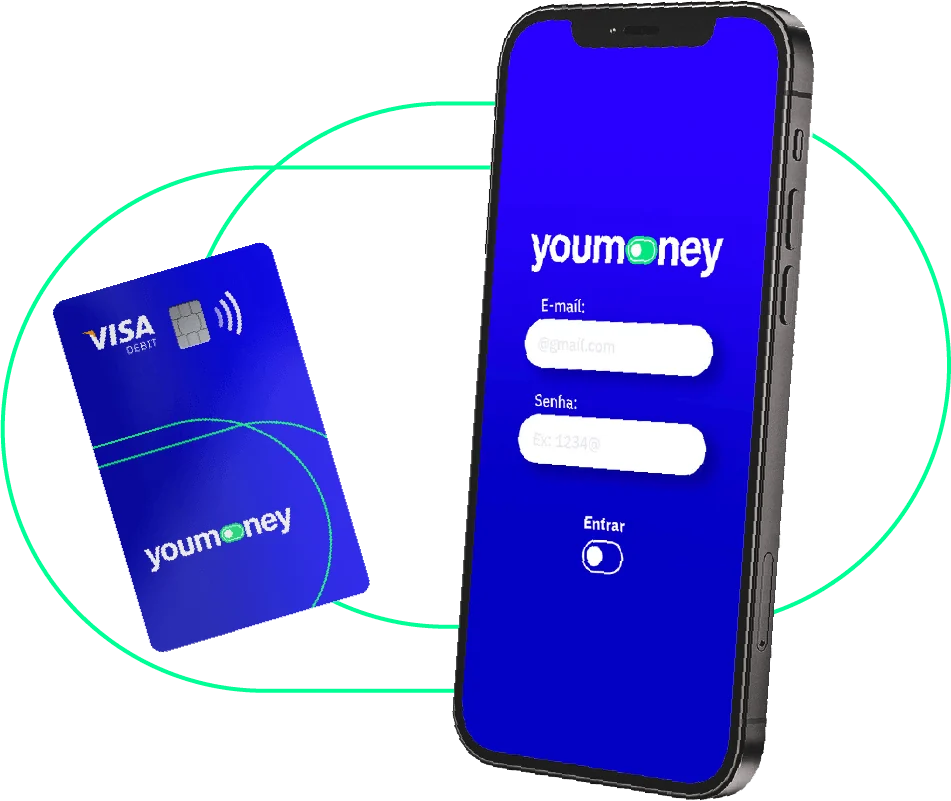 Aplicativo Youmoney em celular e cartão Visa da marca