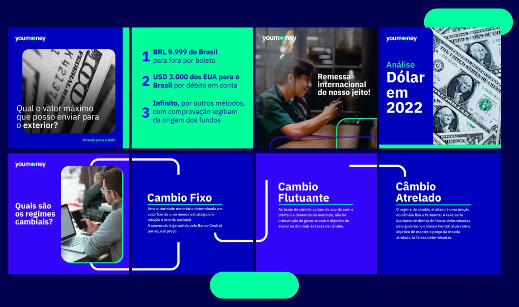 Posts de redes sociais da YouMoney sobre remessas e câmbio