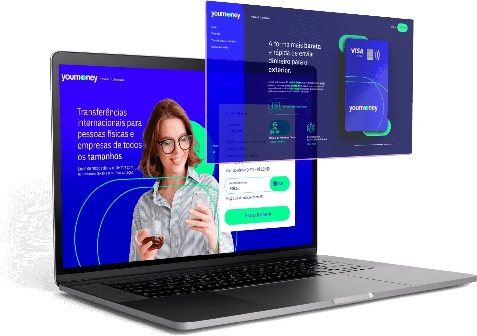 Site da Youmoney em notebook com cartão e transferência