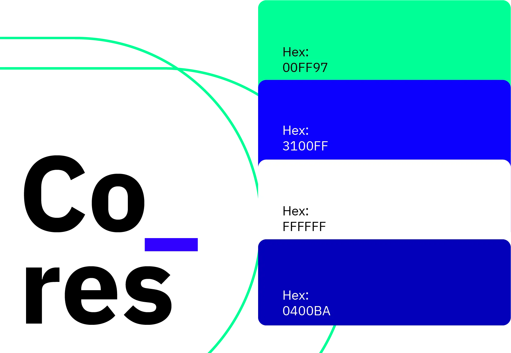 Paleta de cores da Youmoney: 00FF97, 3100FF, FFFFFF e 0400BA