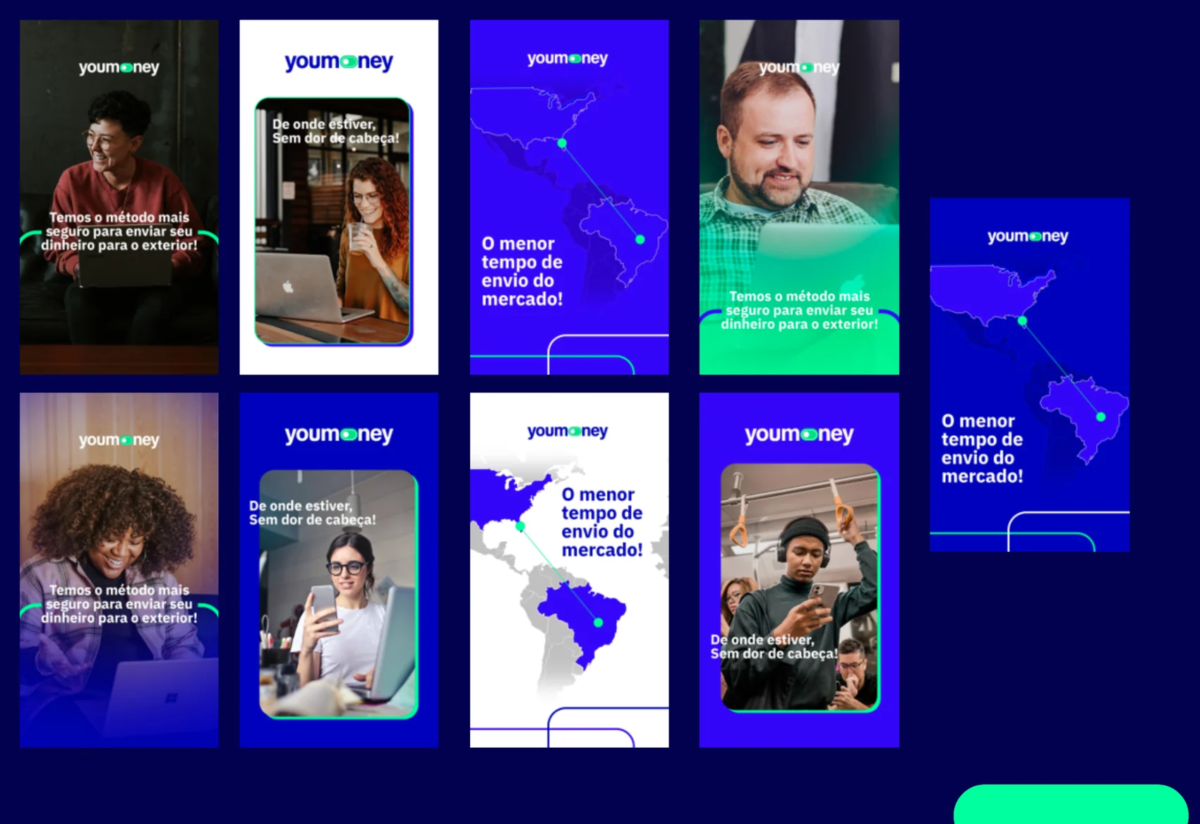 Stories da Youmoney com mapas e pessoas usando o celular