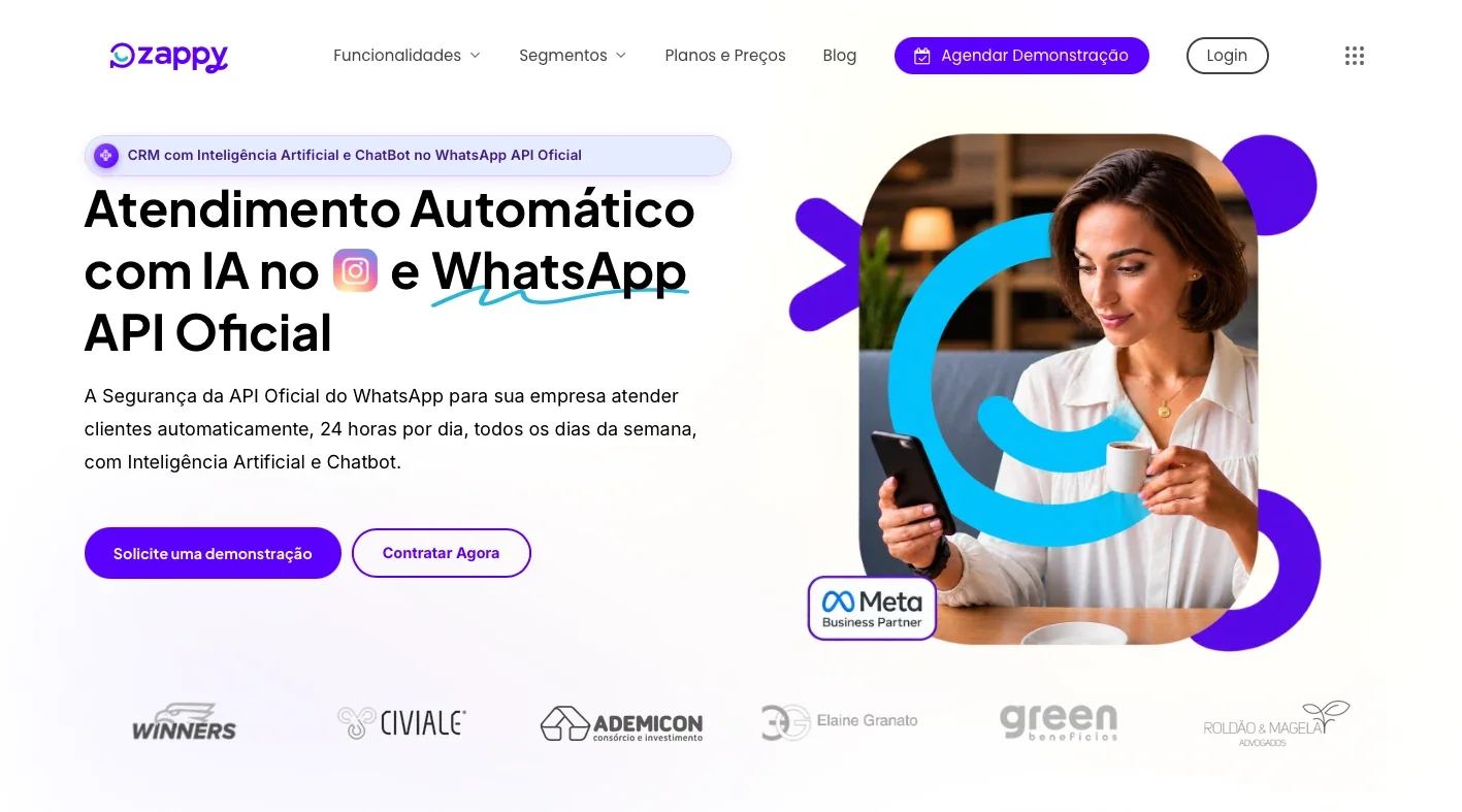 Página inicial do site da Zappy, com a chamada Atendimento Automático com IA no WhatsApp API Oficial