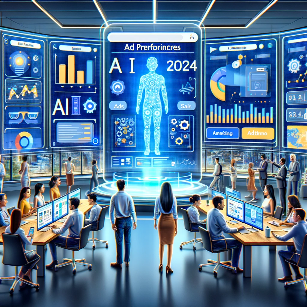 DALL·E 2024 05 24 22.11.10 An illustration showcasing Googles new AI features for advertisers in 2024. The image includes a futuristic interface with various AI tools for optim em Explorando os Novos Recursos de IA do Google para Anunciantes em 2024 DALL·E 2024 05 24 22.11.10 An illustration showcasing Googles new AI features for advertisers in 2024. The image includes a futuristic interface with various AI tools for optim no Hello Marketing B2B